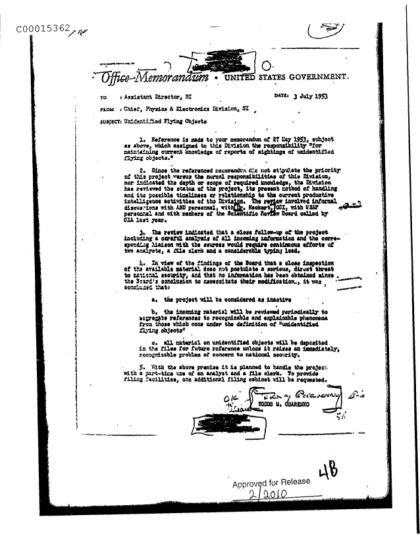 Memorando de la CIA sobre objetos voladores no identificados