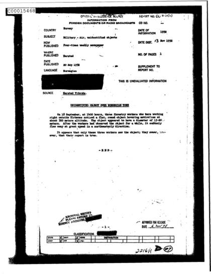 Objeto no identificado sobre Kirkenes en 1952