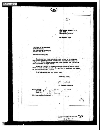 Carta de la CIA a Hynek sobre un avistamiento de OVNI