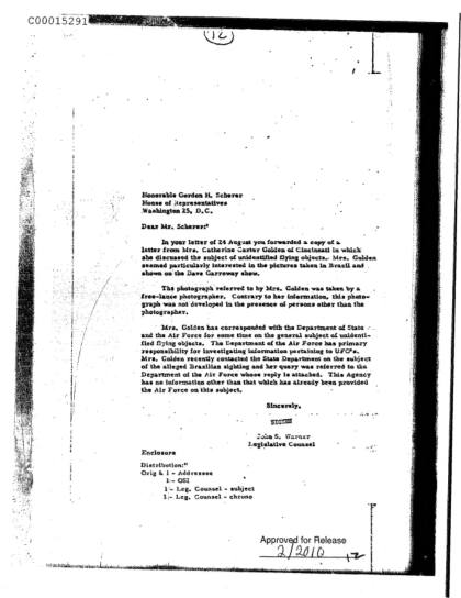 Carta de la CIA sobre un avistamiento OVNI