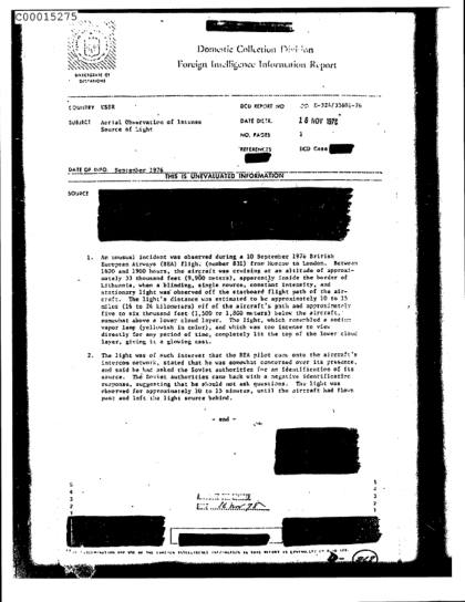 Luz misteriosa observada por un avión en 1976