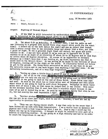 Objeto no identificado visto en Detroit 1960