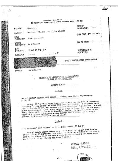 OVNI avistamientos en Europa y Turquía 1954