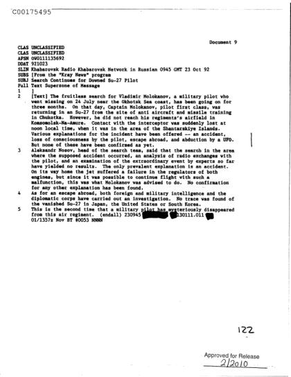 Desaparición misteriosa de un piloto ruso y OVNI