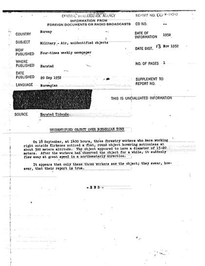 Objeto no identificado sobre Kirkenes en 1952