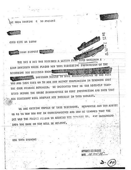 Comunicación de Leon Davidson a la CIA sobre OVNI