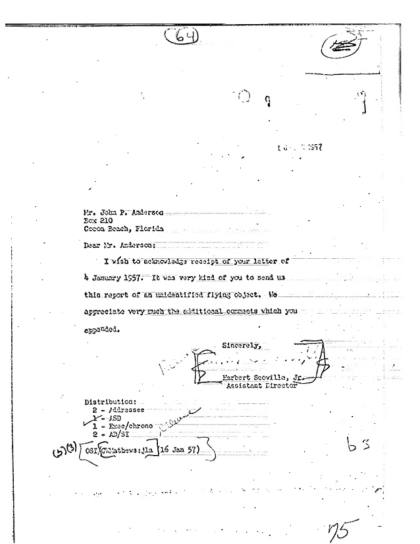 Carta de la CIA sobre un informe OVNI